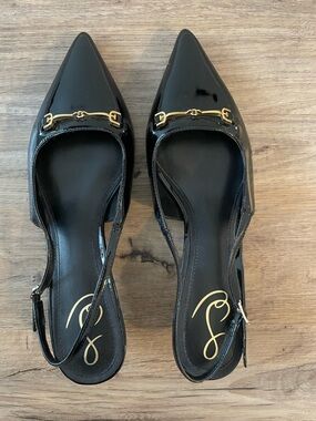 Sam Edelman Black Patent Pointed Slingback Flats with Gold Hardware